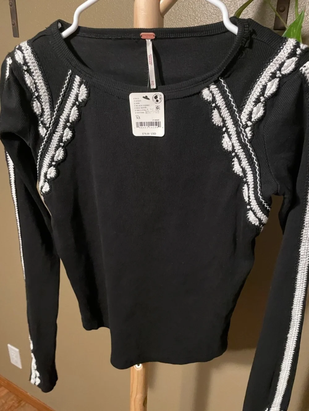 NWT Free People Lost Love Black Long-Sleeve Crewneck Top with White Trim
